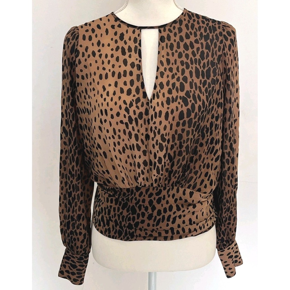 Good American Leopard Print Smocked Waist Keyhole Blouse Brown Black Sz 1‎ S - Picture 4 of 7